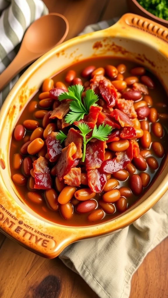 A baking dish filled with classic baked beans topped with bacon and parsley, ready to serve.